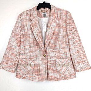 CACHE Blazer Women's 14 Pink Beige Tweed Lined Button 3/4 Sleeve Old Money